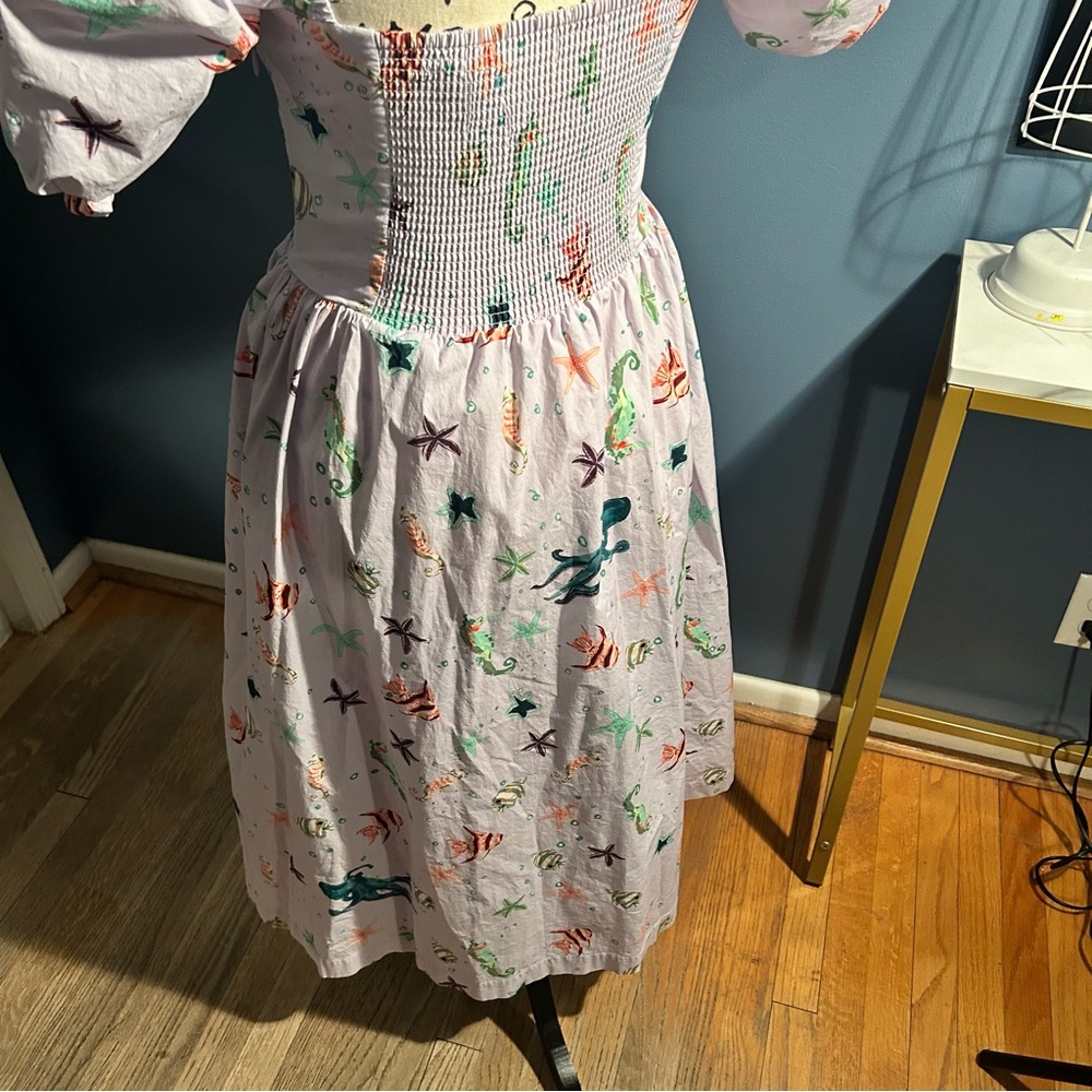 Hill House Sea Creatures Fish Print Puff Sleeve Midi Ophelia Dress - Picture 3 of 14